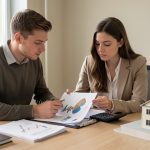 Un jeune homme et une jeune femme étudient ensemble un dossier de financement immobilier avec des graphiques abstraits et une calculatrice sur un bureau sobre.