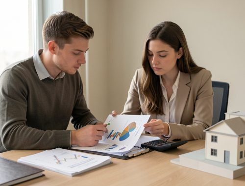 Un jeune homme et une jeune femme étudient ensemble un dossier de financement immobilier avec des graphiques abstraits et une calculatrice sur un bureau sobre.