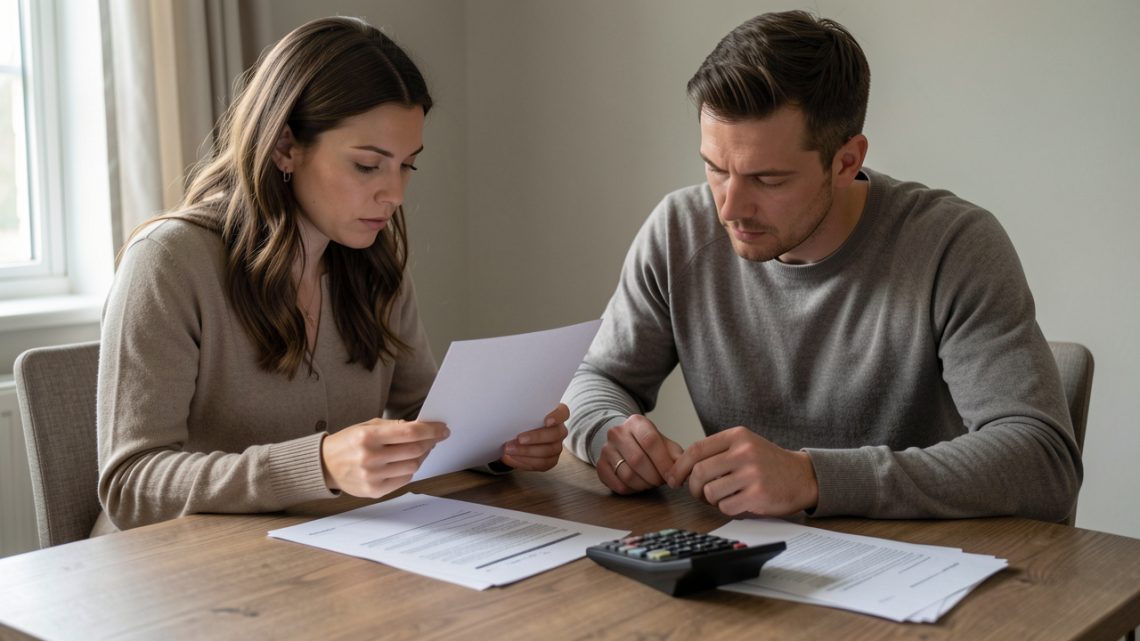 Un couple examine des documents liés à un crédit immobilier et à une assurance autour d’une table, dans une ambiance sobre et réaliste.