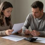 Un couple examine des documents liés à un crédit immobilier et à une assurance autour d’une table, dans une ambiance sobre et réaliste.