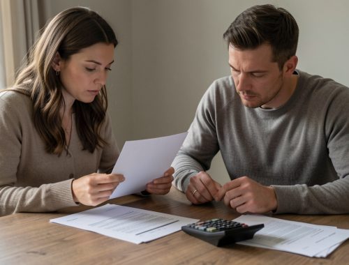 Un couple examine des documents liés à un crédit immobilier et à une assurance autour d’une table, dans une ambiance sobre et réaliste.