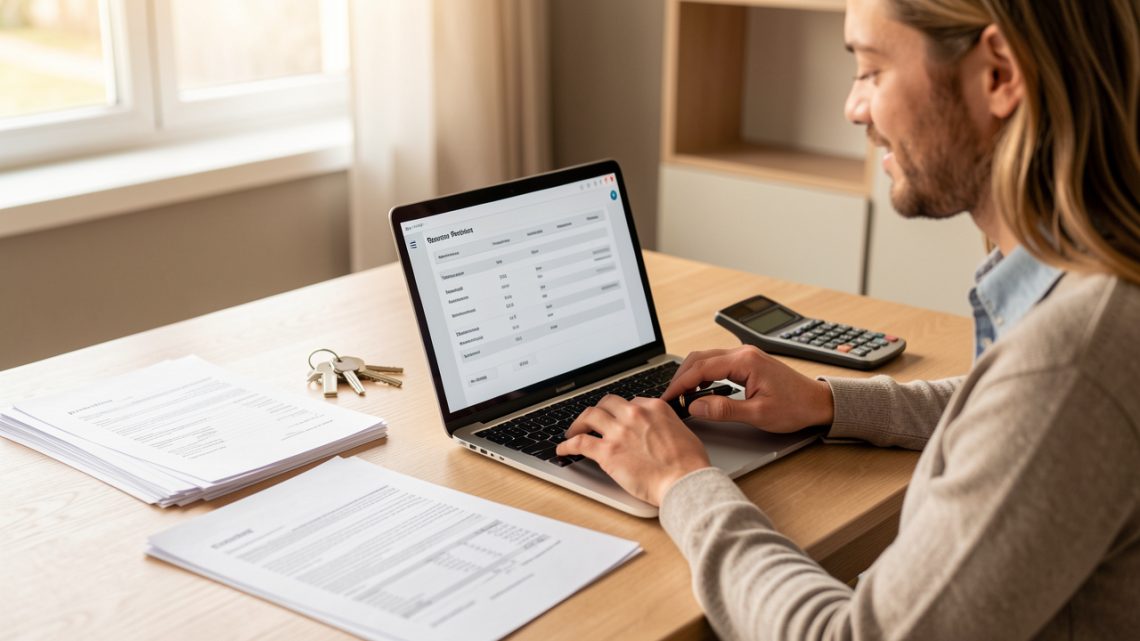 Un homme et une femme consultent un tableau de mensualités de prêt immobilier sur un ordinateur, entourés de documents financiers vierges, d’une calculatrice et de clés de logement.