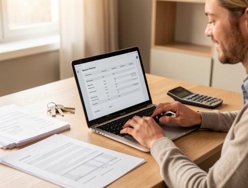 Un homme et une femme consultent un tableau de mensualités de prêt immobilier sur un ordinateur, entourés de documents financiers vierges, d’une calculatrice et de clés de logement.