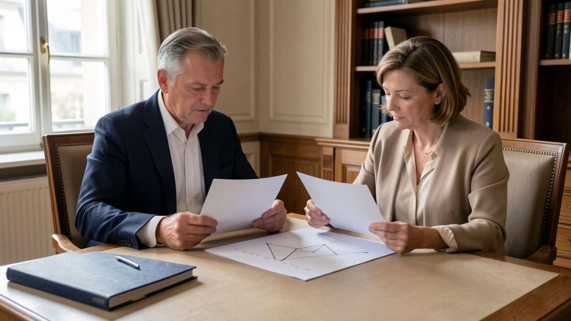 Un couple examine des documents vierges et un graphique abstrait de taux sur un bureau dans une agence bancaire française sobre.