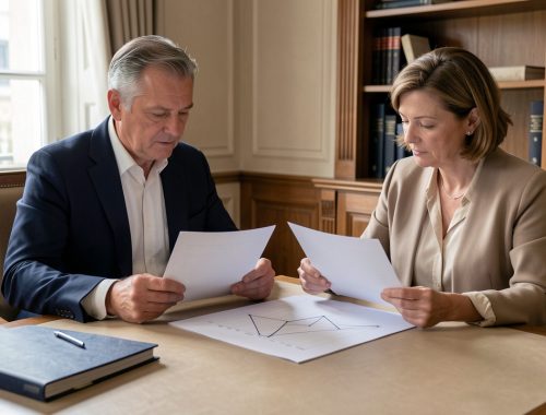 Un couple examine des documents vierges et un graphique abstrait de taux sur un bureau dans une agence bancaire française sobre.