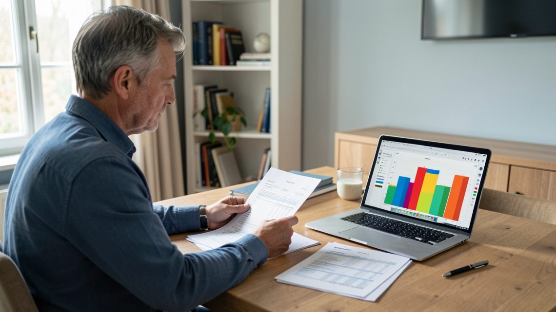 Propriétaire français dans un bureau, consultant des documents immobiliers et des factures de travaux à côté d’un ordinateur affichant une interface financière abstraite.