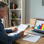 Propriétaire français dans un bureau, consultant des documents immobiliers et des factures de travaux à côté d’un ordinateur affichant une interface financière abstraite.