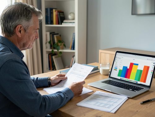 Propriétaire français dans un bureau, consultant des documents immobiliers et des factures de travaux à côté d’un ordinateur affichant une interface financière abstraite.
