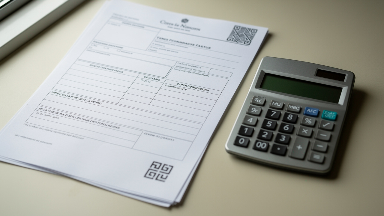 Gros plan réaliste sur des formulaires fiscaux anonymisés accompagnés d’une calculatrice et d’un motif de sécurité carré abstrait, sans données personnelles lisibles.