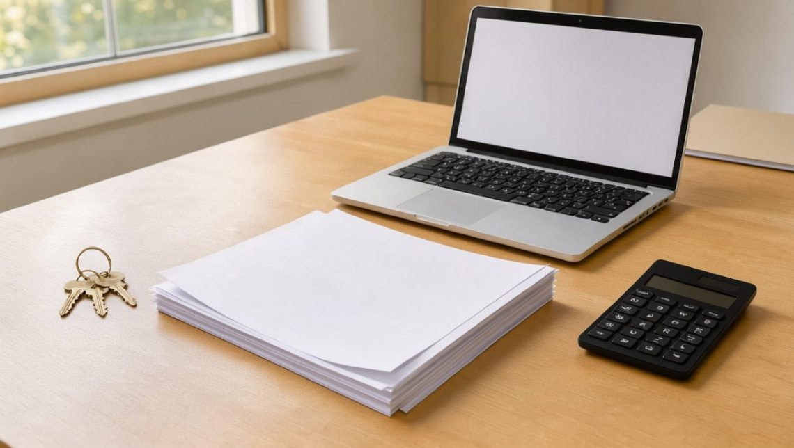 Dossier immobilier organisé avec documents vierges, clés, calculatrice et ordinateur portable sur un bureau en bois baigné de lumière naturelle.