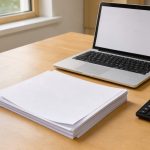 Dossier immobilier organisé avec documents vierges, clés, calculatrice et ordinateur portable sur un bureau en bois baigné de lumière naturelle.