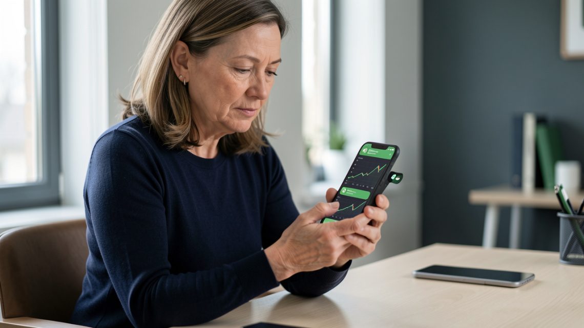Femme consultant prudemment une application financière sur son smartphone, avec des graphiques abstraits visibles dans une ambiance sobre.