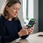 Femme consultant prudemment une application financière sur son smartphone, avec des graphiques abstraits visibles dans une ambiance sobre.