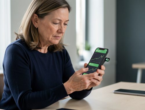 Femme consultant prudemment une application financière sur son smartphone, avec des graphiques abstraits visibles dans une ambiance sobre.