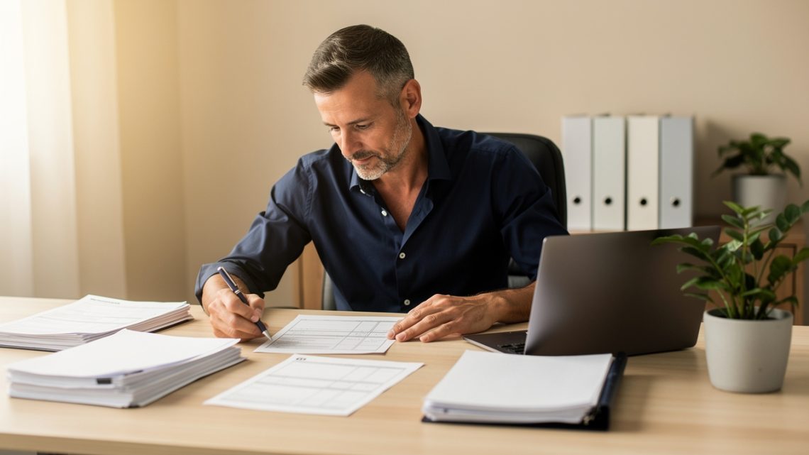 Un investisseur immobilier français examine des documents fiscaux et locatifs vierges sur un bureau lumineux.