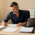 Un investisseur immobilier français examine des documents fiscaux et locatifs vierges sur un bureau lumineux.