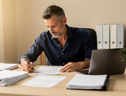 Un investisseur immobilier français examine des documents fiscaux et locatifs vierges sur un bureau lumineux.