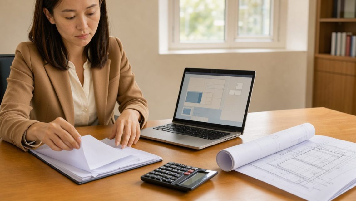 Investisseuse préparant un dossier de financement immobilier sur un bureau lumineux avec des documents vierges, un ordinateur portable et des plans architecturaux.