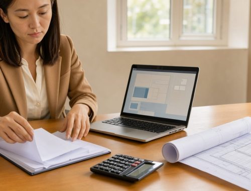 Investisseuse préparant un dossier de financement immobilier sur un bureau lumineux avec des documents vierges, un ordinateur portable et des plans architecturaux.