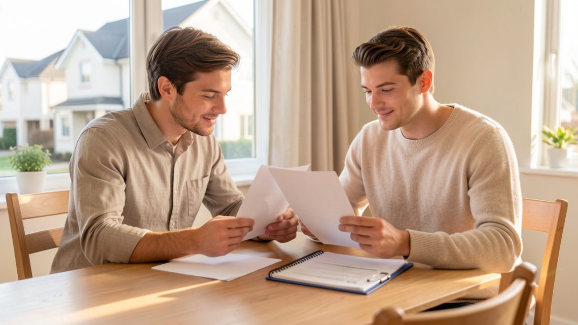 Jeune couple de parents examinant des documents de financement immobilier autour d’une table, avec une maison familiale visible en arrière-plan.