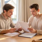 Jeune couple de parents examinant des documents de financement immobilier autour d’une table, avec une maison familiale visible en arrière-plan.