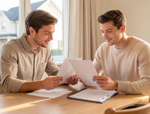 Jeune couple de parents examinant des documents de financement immobilier autour d’une table, avec une maison familiale visible en arrière-plan.