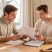 Jeune couple de parents examinant des documents de financement immobilier autour d’une table, avec une maison familiale visible en arrière-plan.