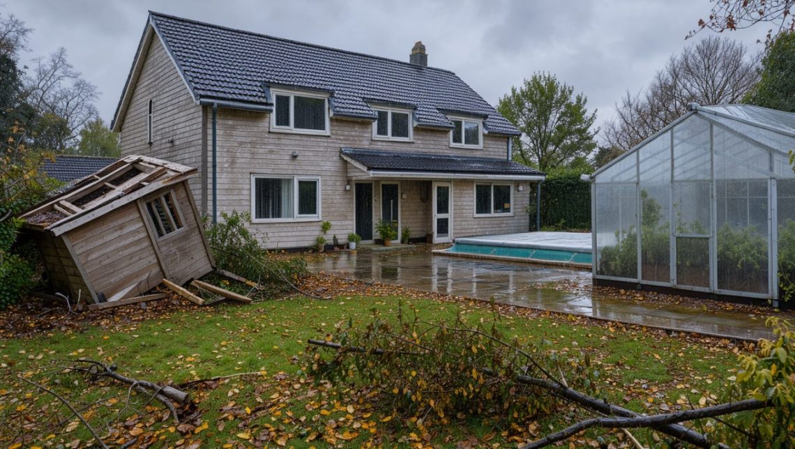 Maison individuelle après une tempête, avec un abri de jardin endommagé, une serre en polycarbonate et une piscine couverte dans le jardin.