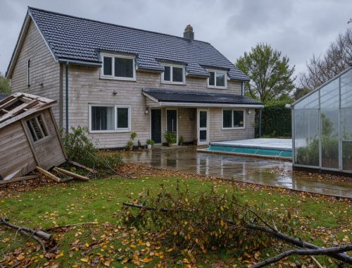 Maison individuelle après une tempête, avec un abri de jardin endommagé, une serre en polycarbonate et une piscine couverte dans le jardin.